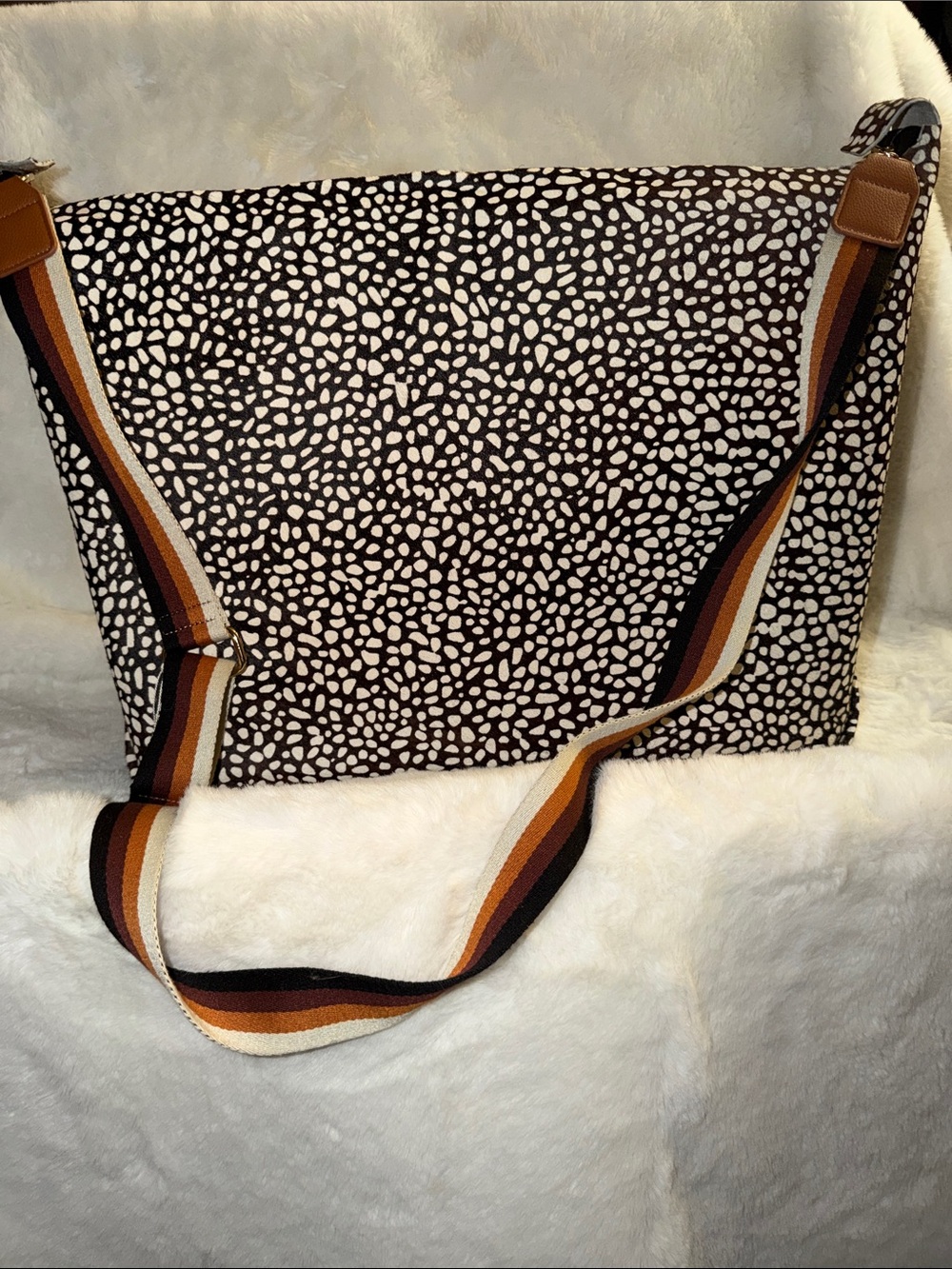 Brown and White Patterned leather covered Crossbody Bag